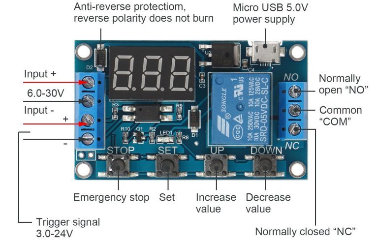 6 30V 1 Channel Delay Power Relay Module with Onboard Adjustable Timing Cycle 10 1 768x496 1