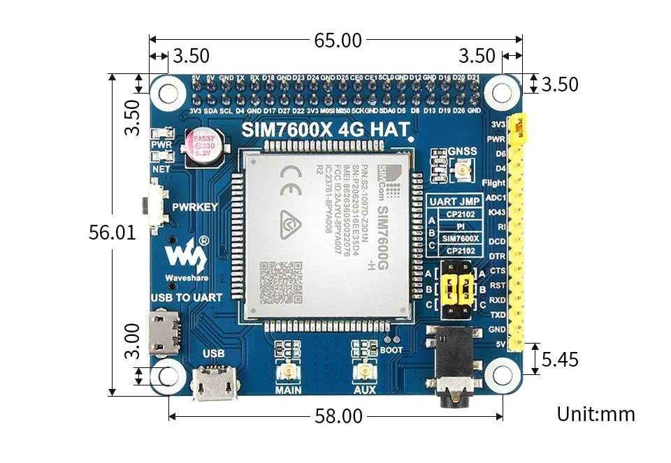 SIM7600G-H-4G-HAT-details-size Waveshare SIM7600G-H 4G HAT For Raspberry Pi, LTE Cat-4 4G / 3G / 2G Support