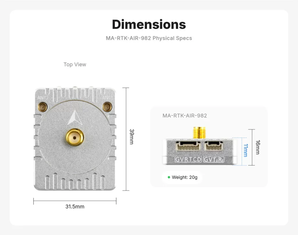 MicoAir MA-RTK-AIR-982 UAV RTK GNSS Rover Module with UM982 4 MA RTK AIR 982 Dimensions 1024x806 1